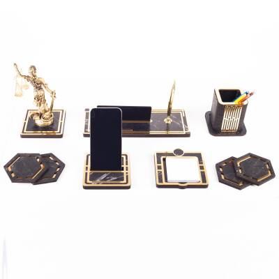 Space+ Themis Biblolu Ahşap Masa İsimliği Seti Mermer Desenli Ofis Dekoratif Masa üstü İsimlik - 3