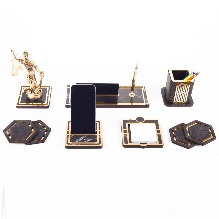 Space+ Themis Biblolu Ahşap Masa İsimliği Seti Mermer Desenli Ofis Dekoratif Masa üstü İsimlik - 3