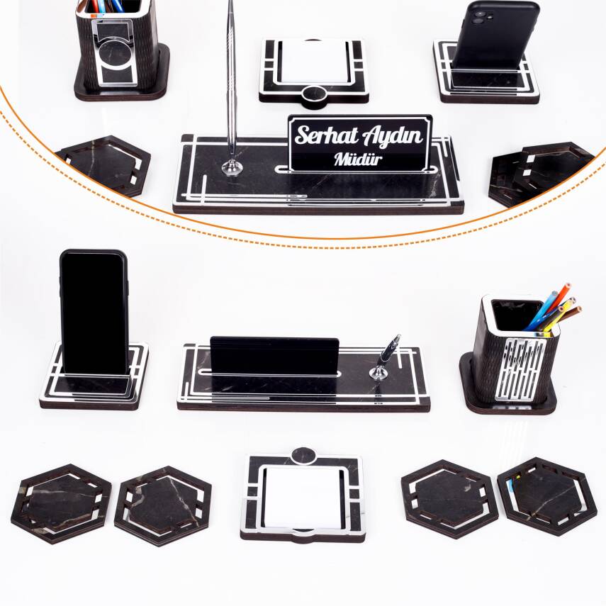 Space+Gümüş Kalemlik Ahşap Masa İsimliği Seti Mermer Desen Hediye Ofis Organizer Masa üstü İsimlik - 1