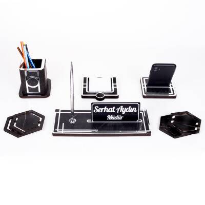 Space+Gümüş Kalemlik Ahşap Masa İsimliği Seti Mermer Desen Hediye Ofis Organizer Masa üstü İsimlik - 2