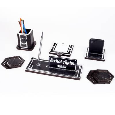 Space+Gümüş Kalemlik Ahşap Masa İsimliği Seti Mermer Desen Hediye Ofis Organizer Masa üstü İsimlik - 3