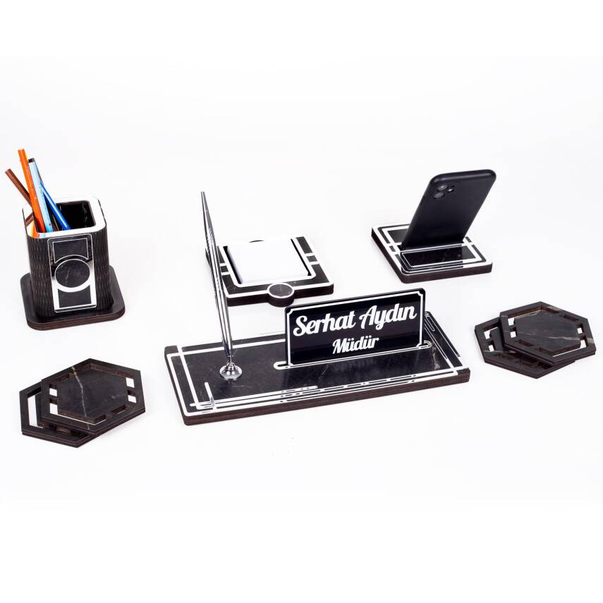 Space+Gümüş Kalemlik Ahşap Masa İsimliği Seti Mermer Desen Hediye Ofis Organizer Masa üstü İsimlik - 4