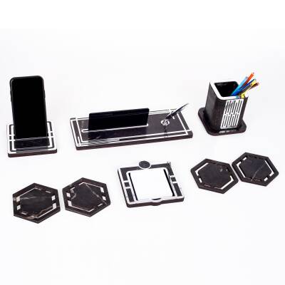 Space+Gümüş Kalemlik Ahşap Masa İsimliği Seti Mermer Desen Hediye Ofis Organizer Masa üstü İsimlik - 5