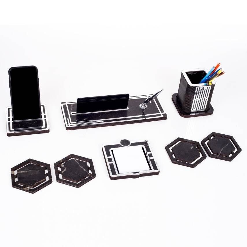 Space+Gümüş Kalemlik Ahşap Masa İsimliği Seti Mermer Desen Hediye Ofis Organizer Masa üstü İsimlik - 5