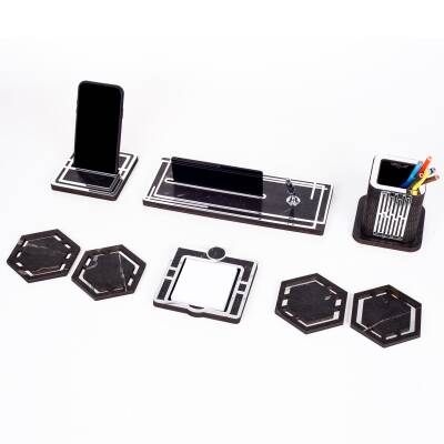 Space+Gümüş Kalemlik Ahşap Masa İsimliği Seti Mermer Desen Hediye Ofis Organizer Masa üstü İsimlik - 6
