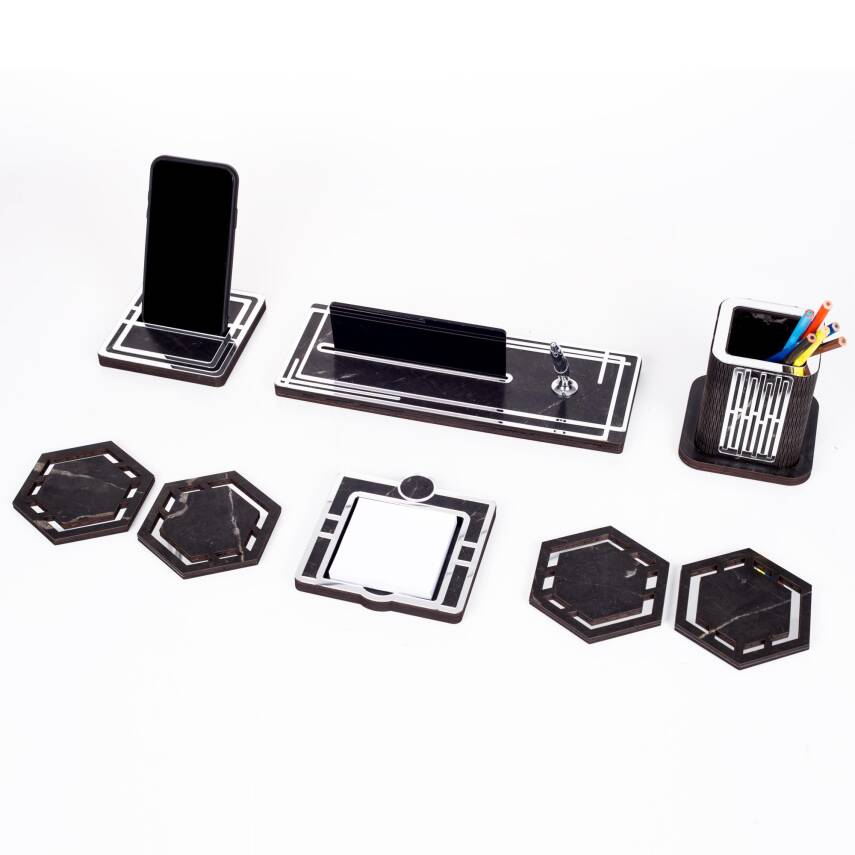 Space+Gümüş Kalemlik Ahşap Masa İsimliği Seti Mermer Desen Hediye Ofis Organizer Masa üstü İsimlik - 6