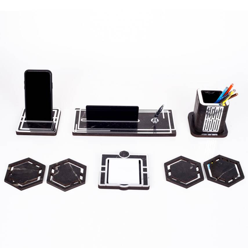 Space+Gümüş Kalemlik Ahşap Masa İsimliği Seti Mermer Desen Hediye Ofis Organizer Masa üstü İsimlik - 7