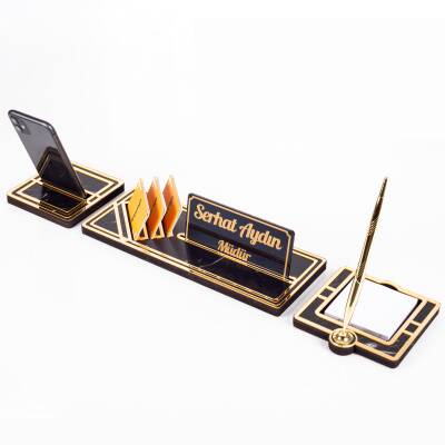 Star Gold Mermer Desen Kalemli Ahşap Masa İsimliği Hediye Masa Seti Ofis Masaüstü İsimlik Organizer - Ofistike