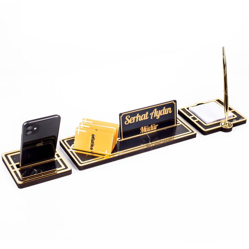Star Gold Mermer Desen Kalemli Ahşap Masa İsimliği Hediye Masa Seti Ofis Masaüstü İsimlik Organizer - 3