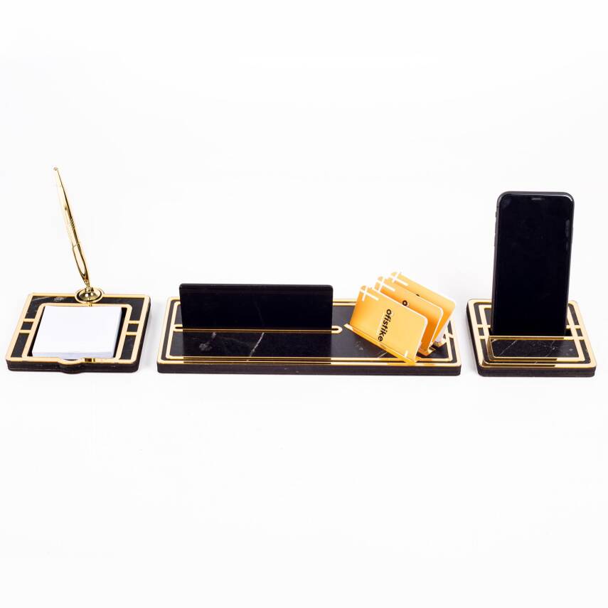 Star Gold Mermer Desen Kalemli Ahşap Masa İsimliği Hediye Masa Seti Ofis Masaüstü İsimlik Organizer - 4