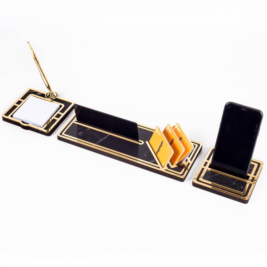 Star Gold Mermer Desen Kalemli Ahşap Masa İsimliği Hediye Masa Seti Ofis Masaüstü İsimlik Organizer - 5