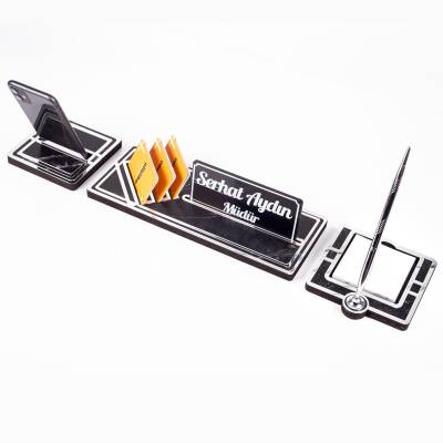 Star Gümüş Kalemli Ahşap Masa İsimliği Mermer Desenli Hediye Masa Seti Ofis Masa İsimlik Organizer 