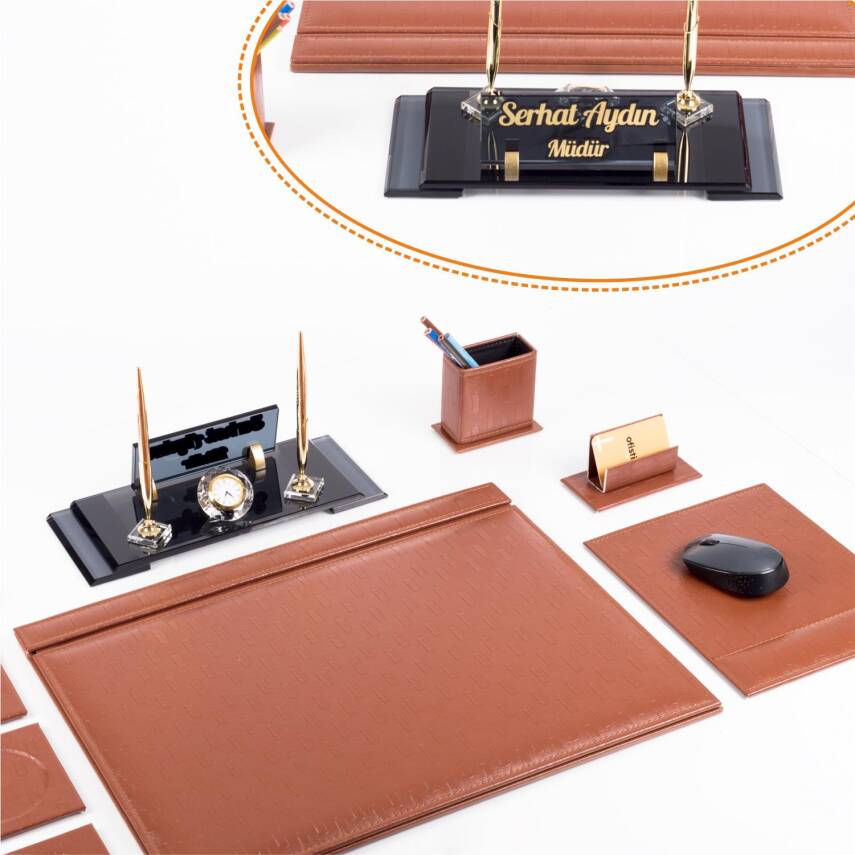 Taba Hasır Sümen Takımı Elit Kristal Masa İsimliği Lüks Ofis Sümen Seti ve Masa İsimlik - 1