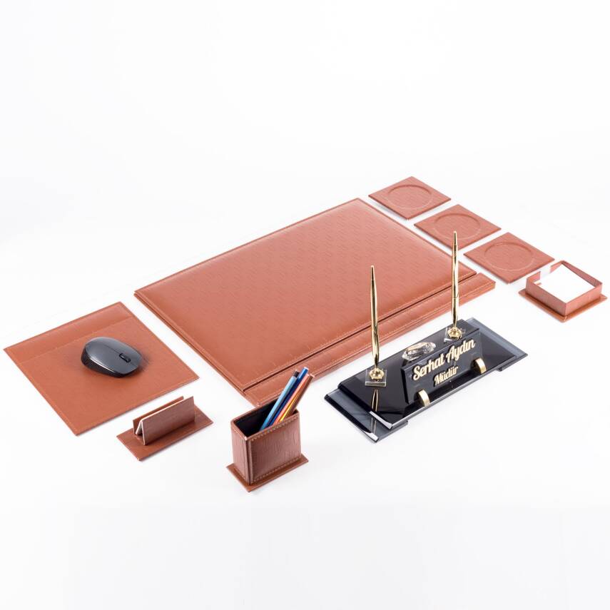 Taba Hasır Sümen Takımı Elit Kristal Masa İsimliği Lüks Ofis Sümen Seti ve Masa İsimlik - 3