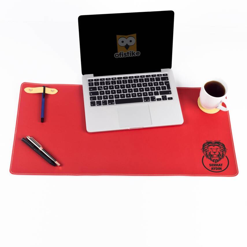Taraftara Özel Sarı Kırmızı Aslan ve İsim Baskılı Deri Masa Pedi Ev Masa Matı Sümen Takımı - 1