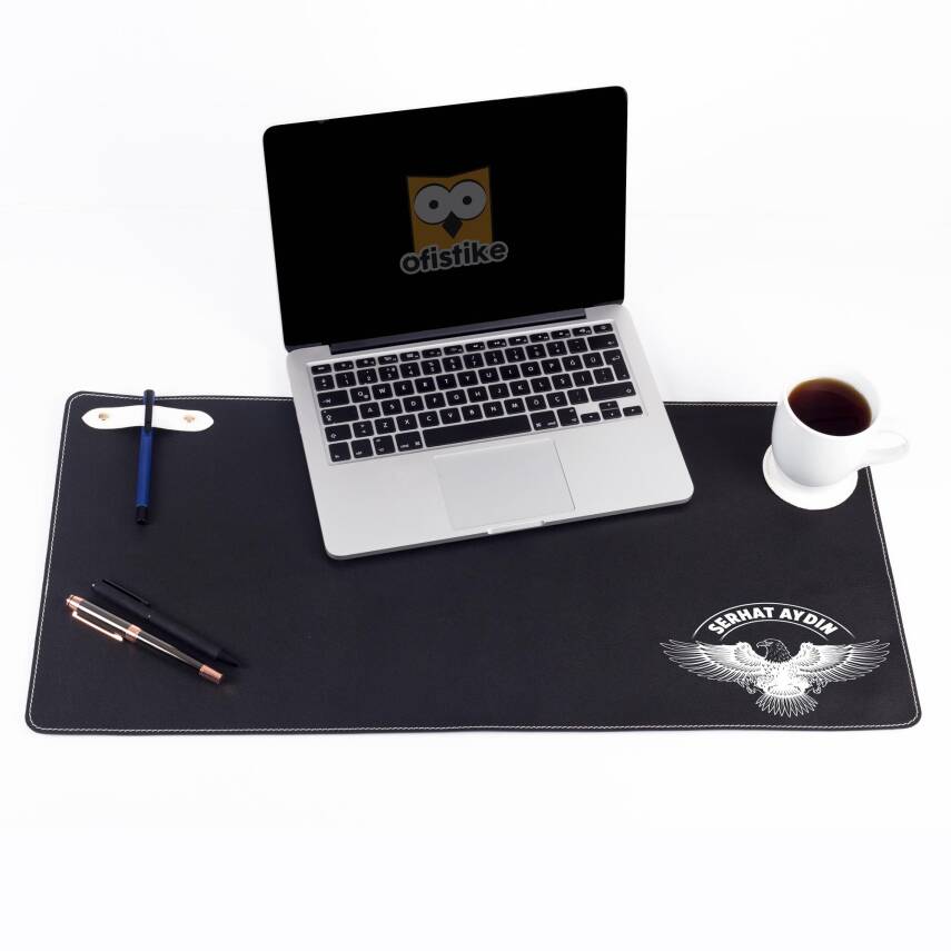 Taraftara Özel Siyah Beyaz Kartal ve İsim Baskılı Deri Masa Pedi Ev Masa Matı Sümen Takımı - 1