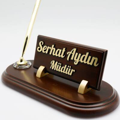 Tek Kalemli Ahşap Kabartma Masa İsimliği Ahşap Masa İsimlik Ofis Hediyesi Ceviz Masa Kalemliği - 1