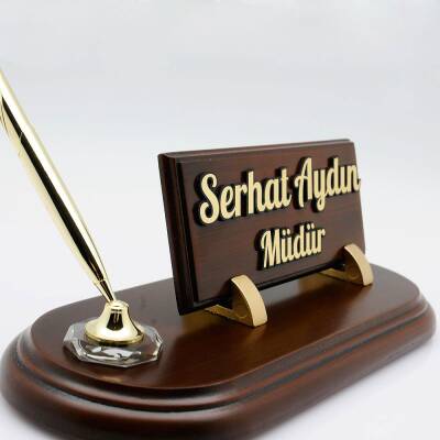 Tek Kalemli Ahşap Kabartma Masa İsimliği Ahşap Masa İsimlik Ofis Hediyesi Ceviz Masa Kalemliği - 2