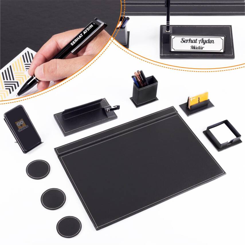 Terra Siyah Sümen Seti Sümen Takımı ve Masa İsimliği İsme Özel Kalemli Ofis Hediyesi Masa Takımı - 1