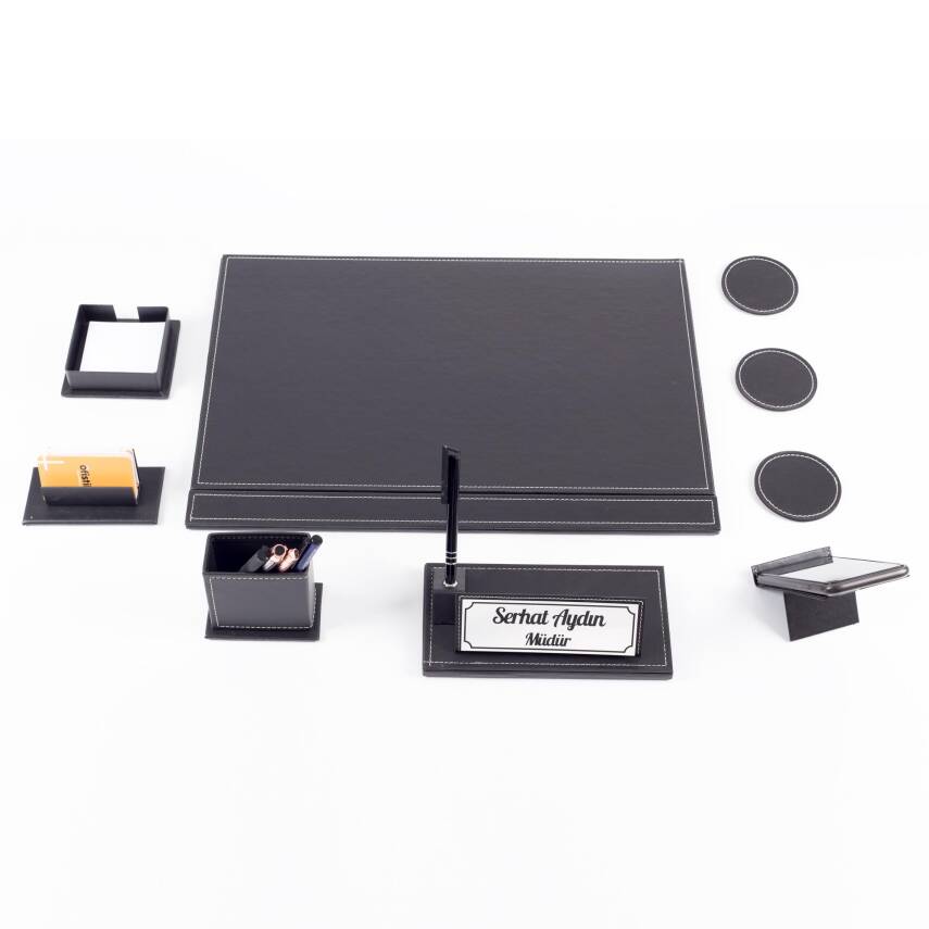 Terra Siyah Sümen Seti Sümen Takımı ve Masa İsimliği İsme Özel Kalemli Ofis Hediyesi Masa Takımı - 4