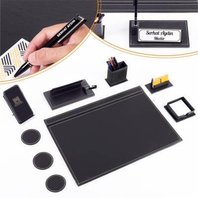 Terra Siyah Sümen Seti Sümen Takımı ve Masa İsimliği İsme Özel Kalemli Ofis Hediyesi Masa Takımı 