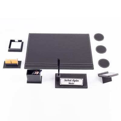 Terra Siyah Sümen Seti Sümen Takımı ve Masa İsimliği İsme Özel Kalemli Ofis Hediyesi Masa Takımı - 4