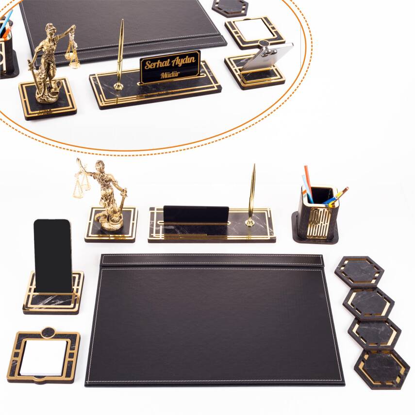 Themis Biblolu Altın Deri Sümen Takımı Mermer Desen Ahşap İsme Özel Masa İsimliği Masaüstü İsimlik - 1