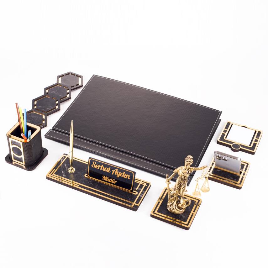 Themis Biblolu Altın Deri Sümen Takımı Mermer Desen Ahşap İsme Özel Masa İsimliği Masaüstü İsimlik - 2