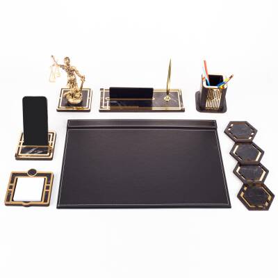 Themis Biblolu Altın Deri Sümen Takımı Mermer Desen Ahşap İsme Özel Masa İsimliği Masaüstü İsimlik - 3