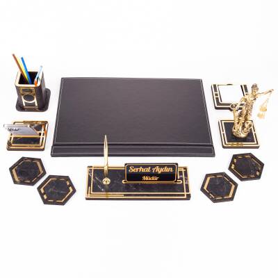 Themis Biblolu Altın Deri Sümen Takımı Mermer Desen Ahşap İsme Özel Masa İsimliği Masaüstü İsimlik - 4