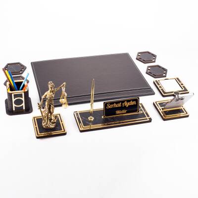 Themis Biblolu Altın Deri Sümen Takımı Mermer Desen Ahşap İsme Özel Masa İsimliği Masaüstü İsimlik - 5