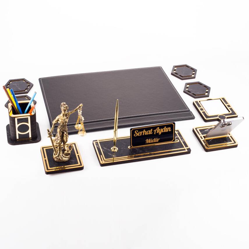 Themis Biblolu Altın Deri Sümen Takımı Mermer Desen Ahşap İsme Özel Masa İsimliği Masaüstü İsimlik - 5