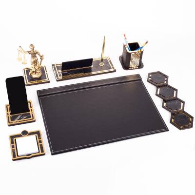 Themis Biblolu Altın Deri Sümen Takımı Mermer Desen Ahşap İsme Özel Masa İsimliği Masaüstü İsimlik - 6