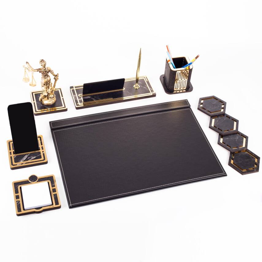 Themis Biblolu Altın Deri Sümen Takımı Mermer Desen Ahşap İsme Özel Masa İsimliği Masaüstü İsimlik - 6