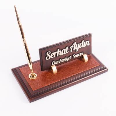 Tivoli Kalemli Ahşap Deri Zeminli Masa İsimliği Kabartma Yazılı - 4