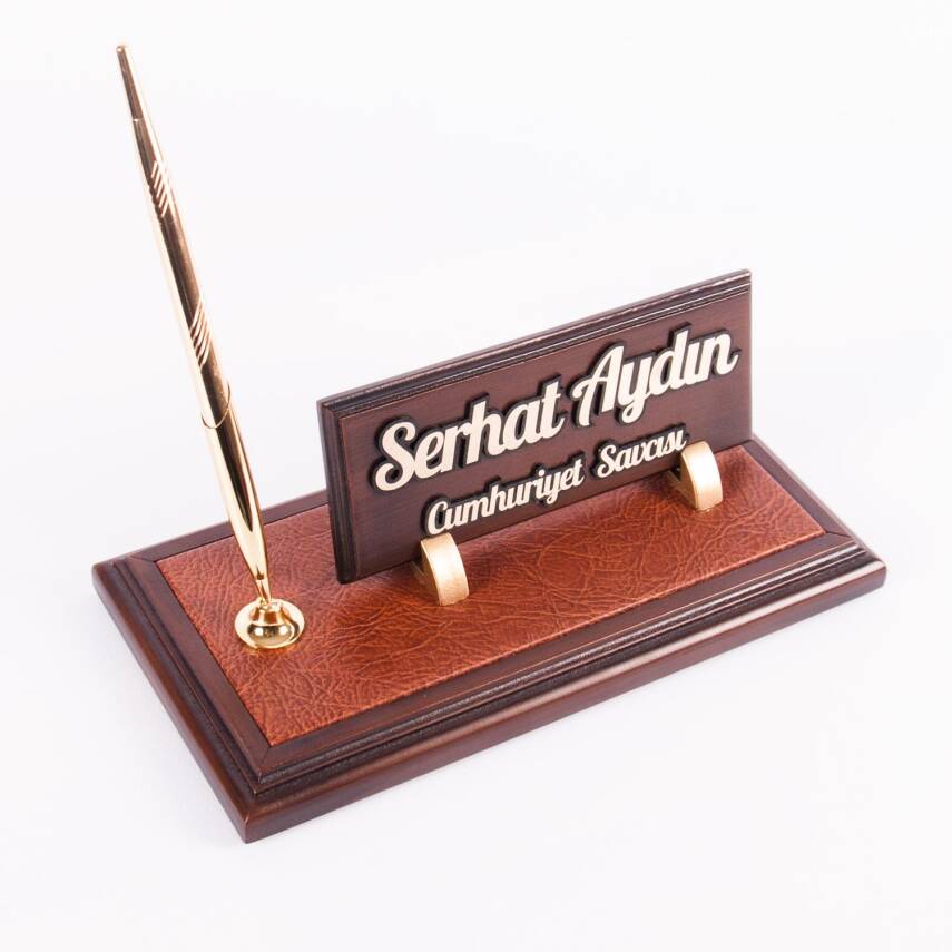 Tivoli Kalemli Ahşap Deri Zeminli Masa İsimliği Kabartma Yazılı - 4