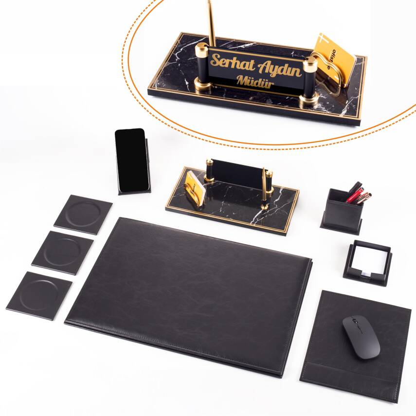 Troya Deri Sümen Seti Siyah Sümen Takımı ve Masa İsimliği Ekonomik Kalite Masa Sümeni Ahşap İsimlik - 1