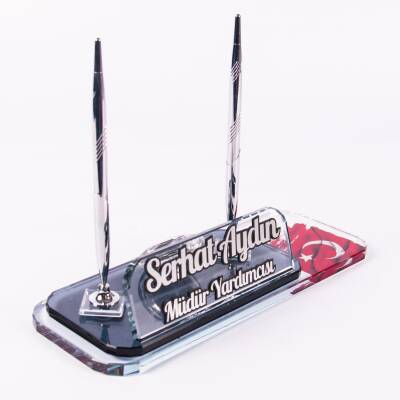 Türk Bayrağı Baskılı Gümüş Masa İsimliği İki Kalemli Saat Masa üstü İsimlik Ofis Hediyesi Organizer - Ofistike