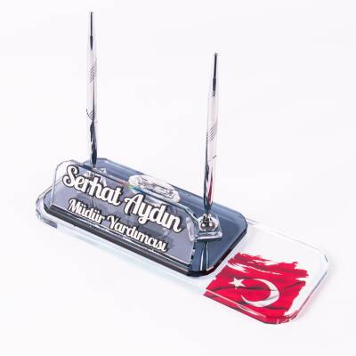 Türk Bayrağı Baskılı Gümüş Masa İsimliği İki Kalemli Saat Masa üstü İsimlik Ofis Hediyesi Organizer - 2
