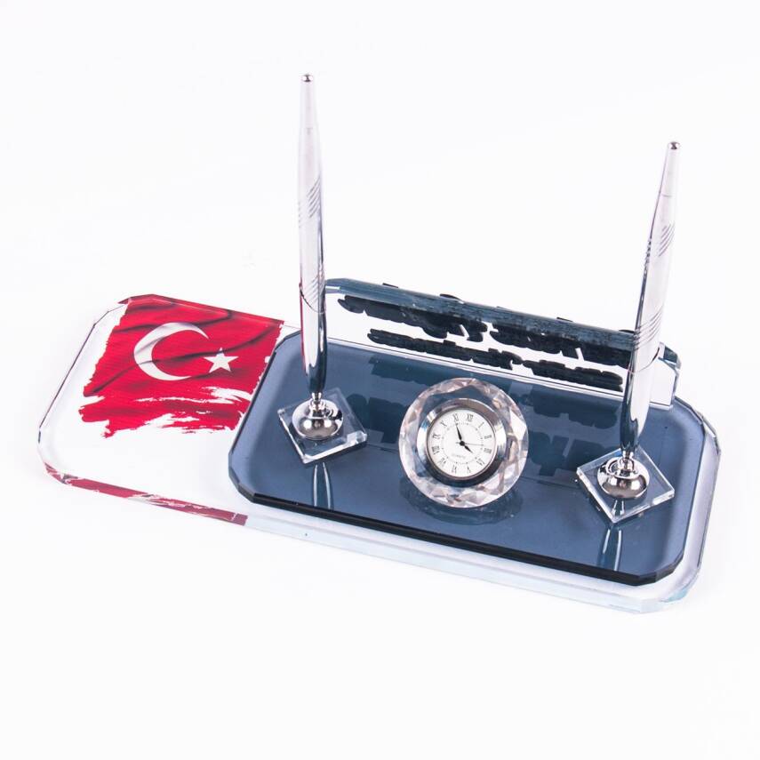 Türk Bayrağı Baskılı Gümüş Masa İsimliği İki Kalemli Saat Masa üstü İsimlik Ofis Hediyesi Organizer - 4