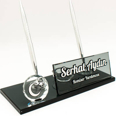 Türk Bayrağı İsimlik Kabartma Bayrak Logolu Kristal Masa İsimliği - Ofistike