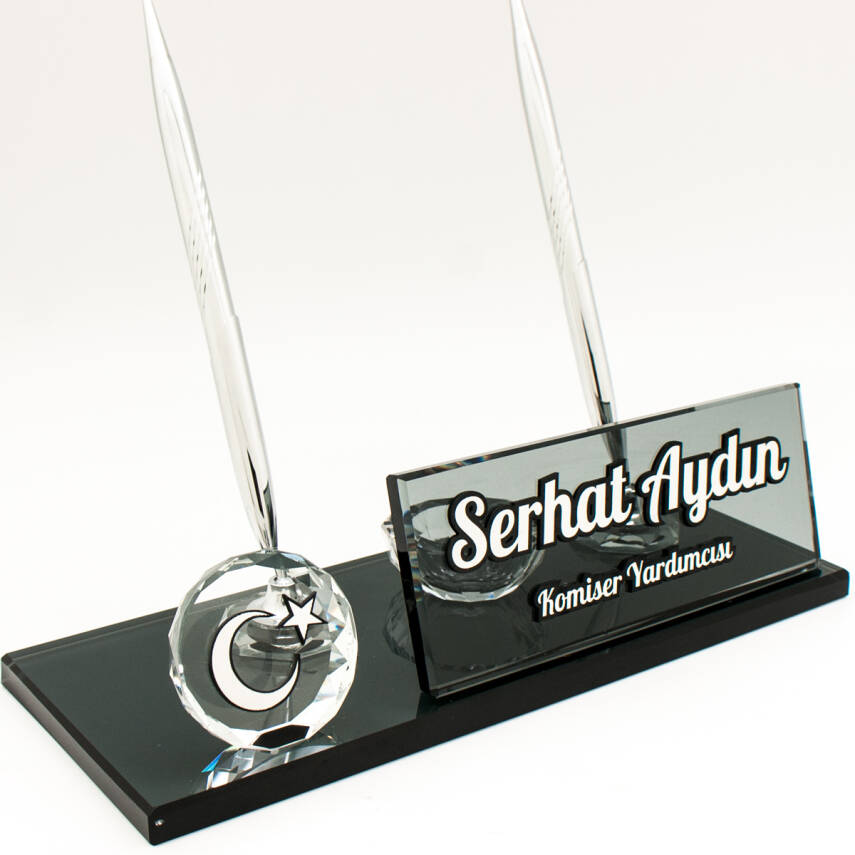 Türk Bayrağı İsimlik Kabartma Bayrak Logolu Kristal Masa İsimliği - 1