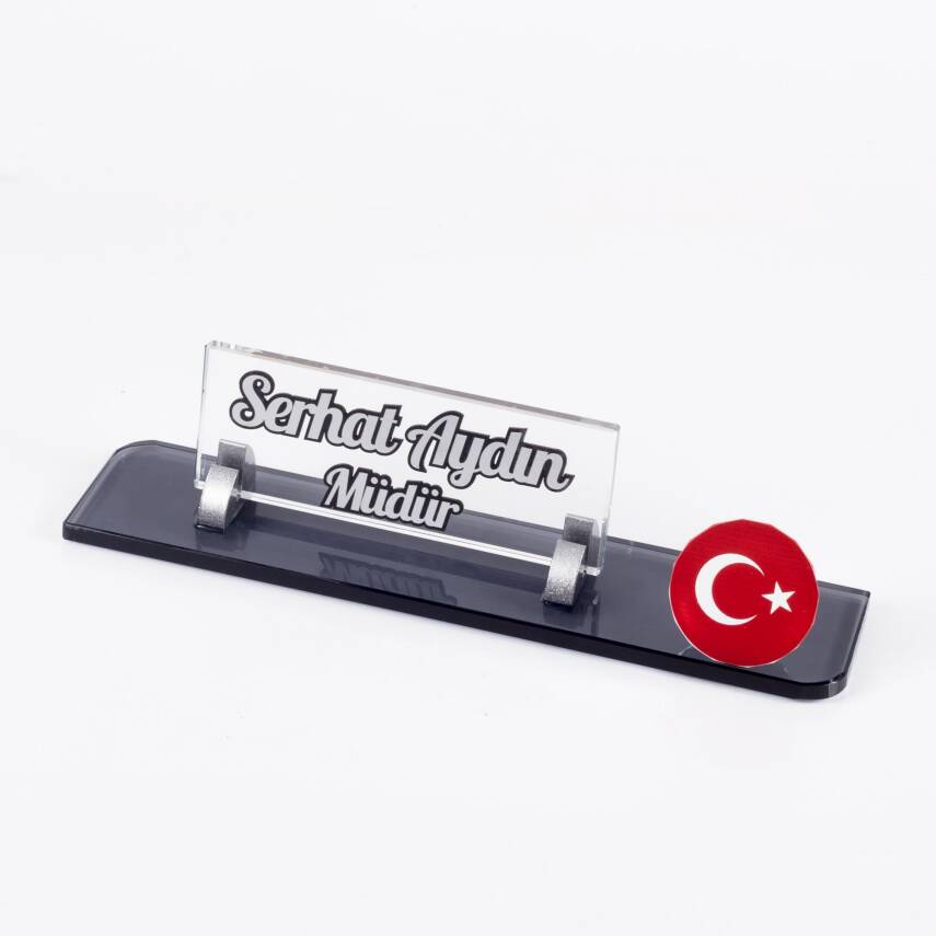 Türk Bayrağı Logolu Gümüş Maydos Masa İsimliği Kristal Ofis Masaüstü Kabartma İsimlik - 1