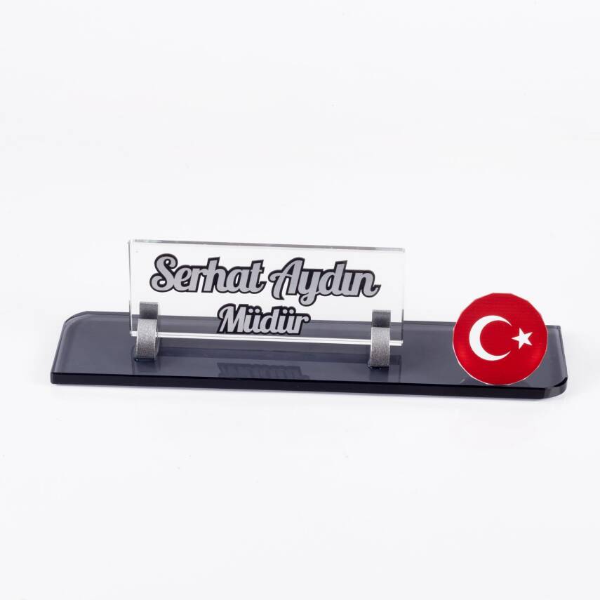 Türk Bayrağı Logolu Gümüş Maydos Masa İsimliği Kristal Ofis Masaüstü Kabartma İsimlik - 3