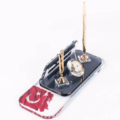 Türk Bayrağı Motifli Ataçlı Kalemli Ofis Hediye Ofis Masa üstü İsimlik Saatli Masa İsimliği - 3