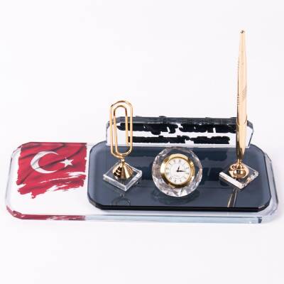 Türk Bayrağı Motifli Ataçlı Kalemli Ofis Hediye Ofis Masa üstü İsimlik Saatli Masa İsimliği - 4