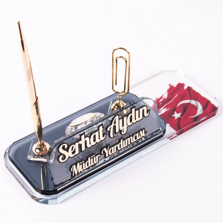 Türk Bayrağı Motifli Ataçlı Kalemli Ofis Hediye Ofis Masa üstü İsimlik Saatli Masa İsimliği - 2