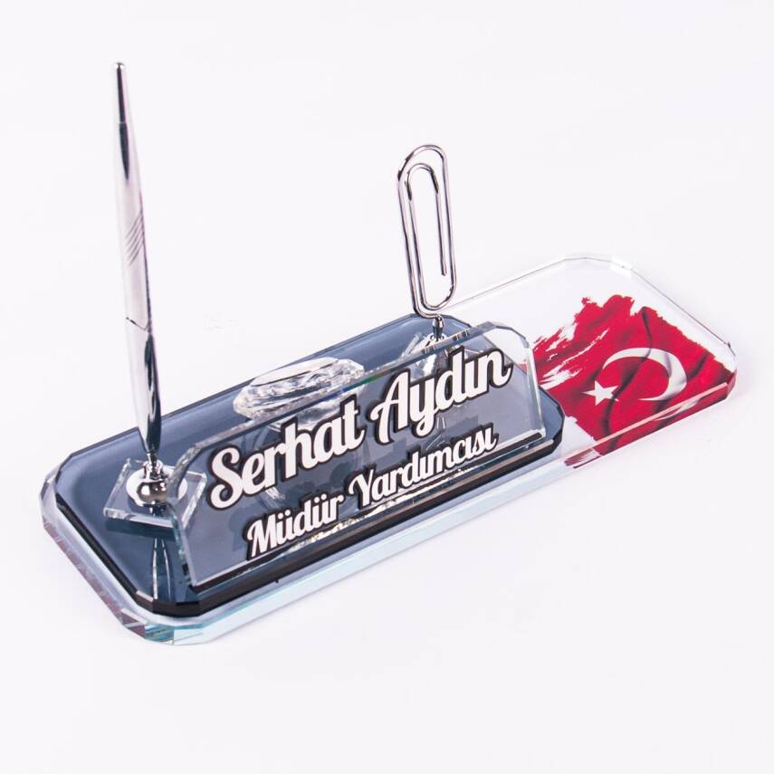 Türk Bayrağı Motifli Gümüş Ataçlı Kalemli Saatli Masa İsimliği Ofis Hediyesi Masaüstü İsimlik Seti - 3