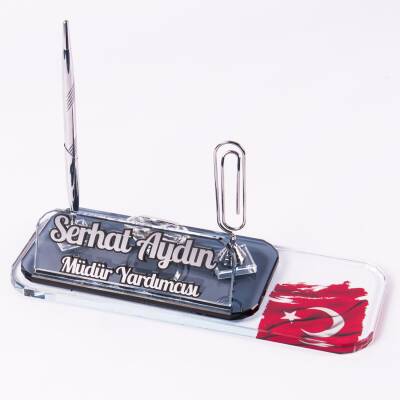 Türk Bayrağı Motifli Gümüş Ataçlı Kalemli Saatli Masa İsimliği Ofis Hediyesi Masaüstü İsimlik Seti - 4