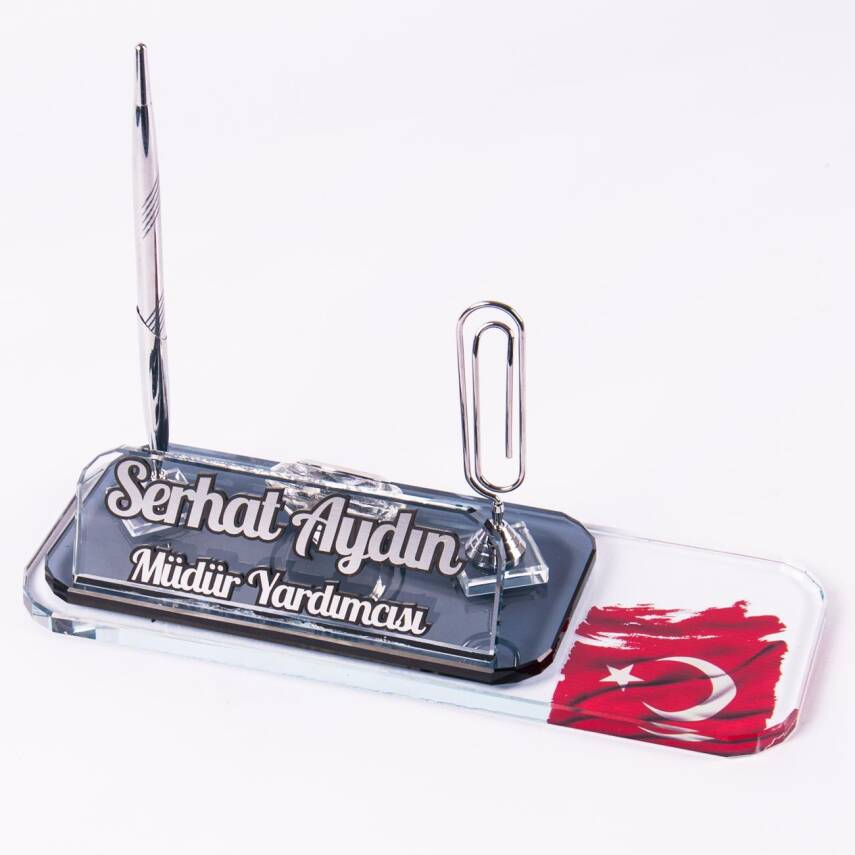 Türk Bayrağı Motifli Gümüş Ataçlı Kalemli Saatli Masa İsimliği Ofis Hediyesi Masaüstü İsimlik Seti - 4